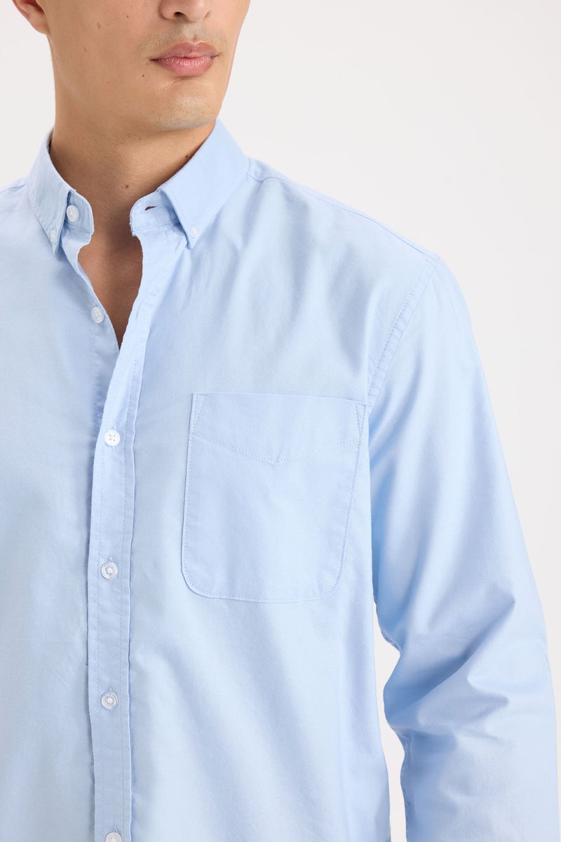 DeFacto Blue Man Regular Fit Polo Shirt Oxford Long Sleeve Shirt Casual - Image 5